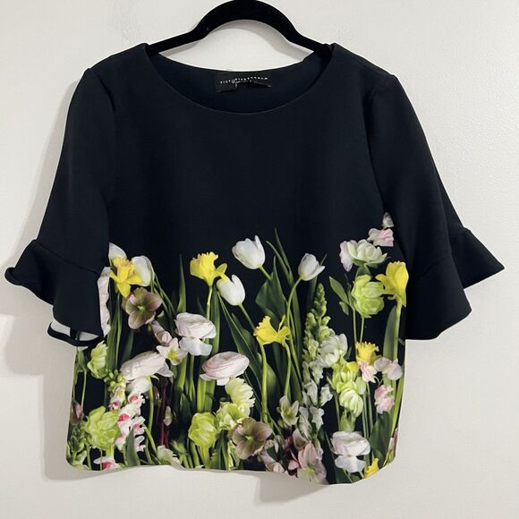 Victoria Beckham Floral Blouse Size Aprox S Black Green Ruffle Sleeve Spring Top - Picture 1 of 5